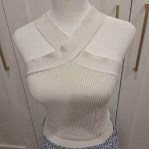 ARITZIA BABATON Cream Cross-Neck Ribbed Knit Tank Top MEDIUM